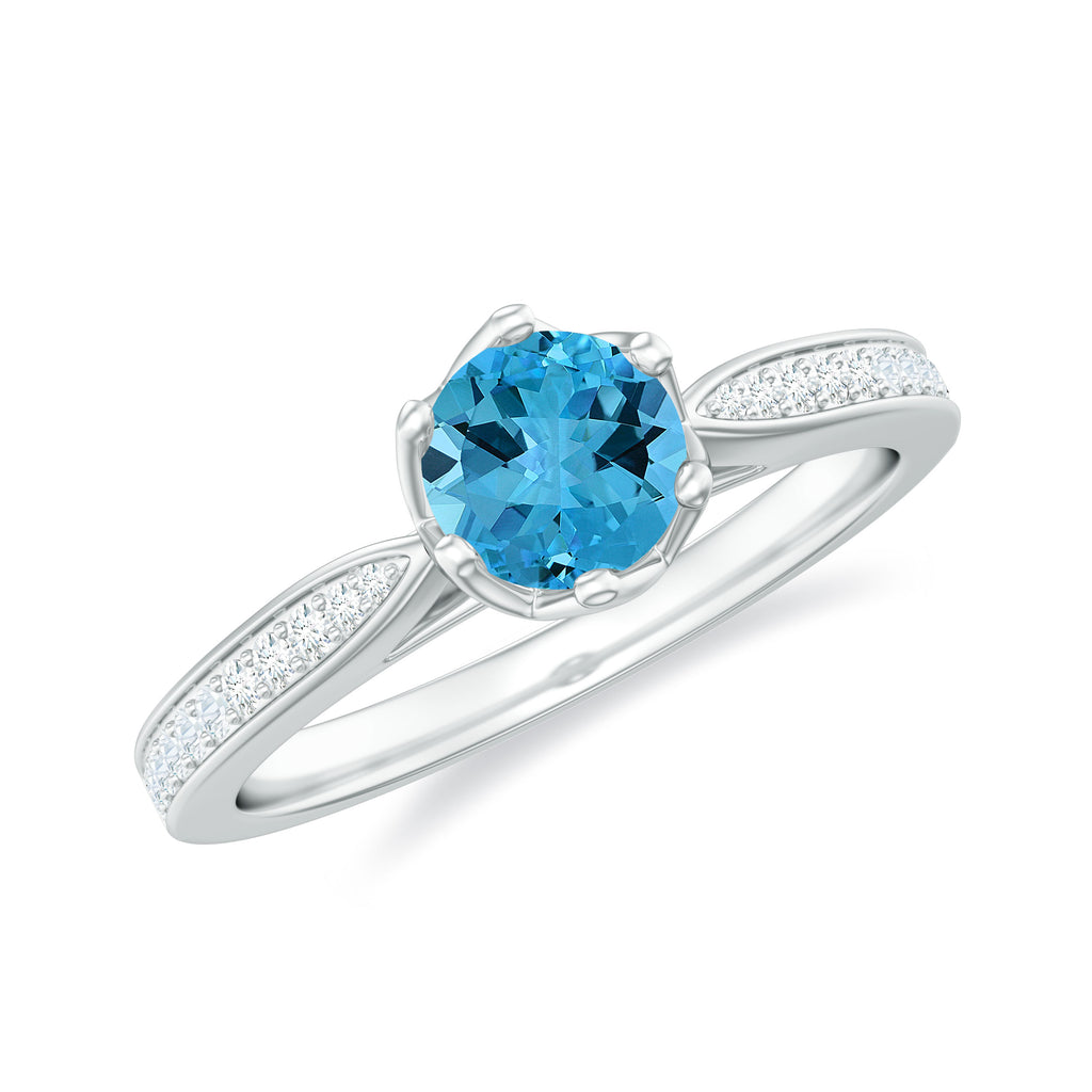 Decorative Prong Set Swiss Blue Topaz Solitaire Ring with Diamond Side Stones Swiss Blue Topaz - ( AAA ) - Quality - Rosec Jewels