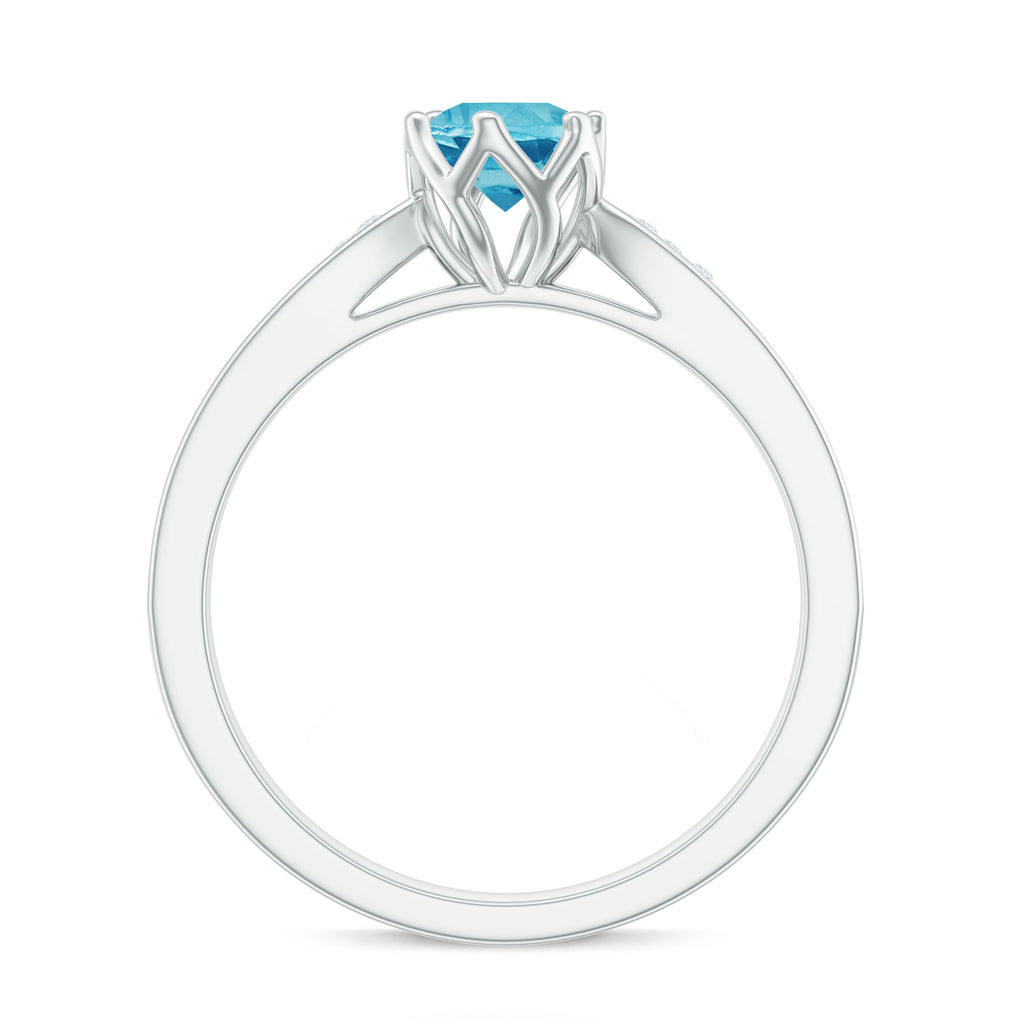 Decorative Prong Set Swiss Blue Topaz Solitaire Ring with Diamond Side Stones Swiss Blue Topaz - ( AAA ) - Quality - Rosec Jewels