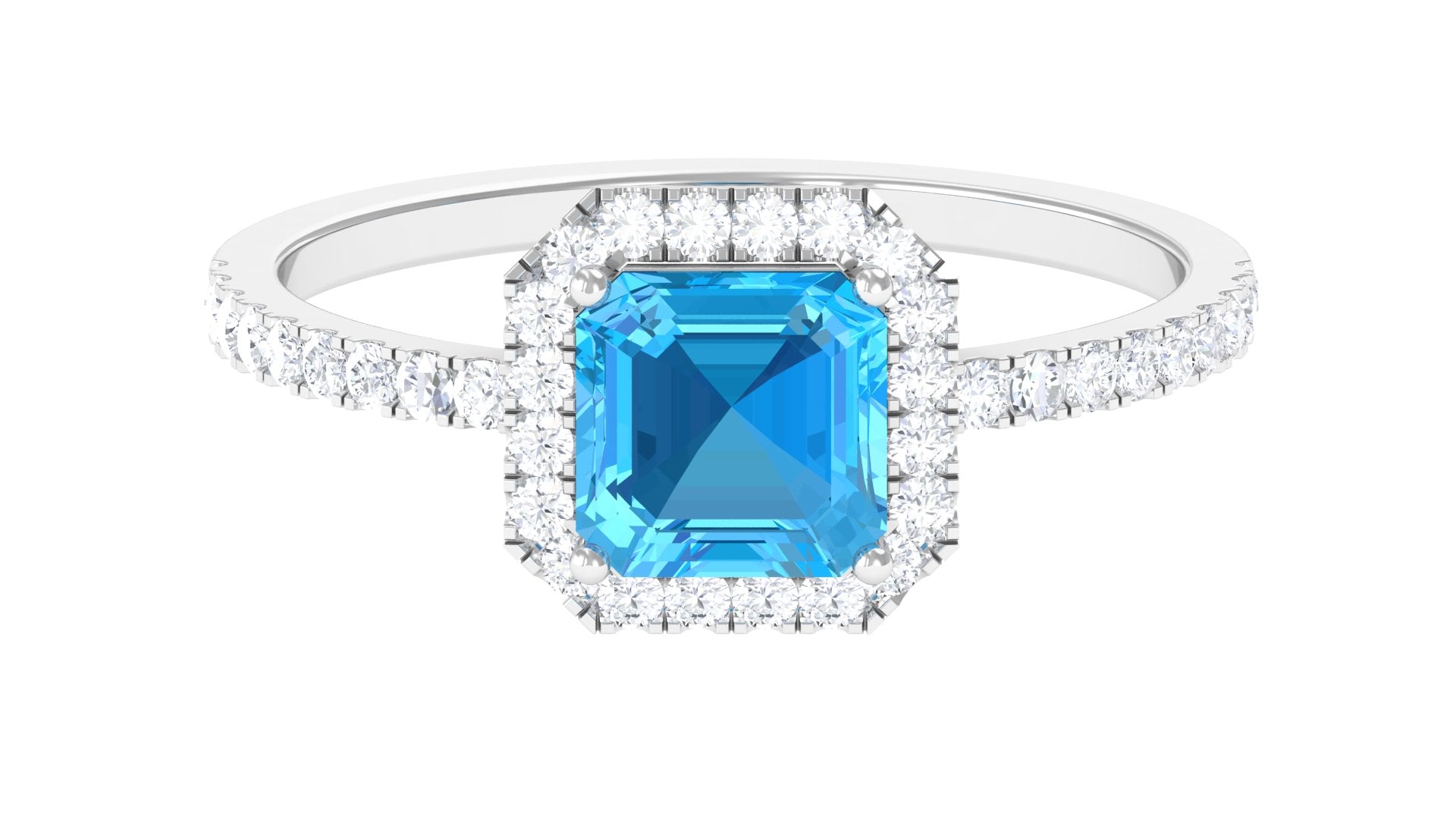 Asscher Cut Real Swiss Blue Topaz Halo Engagement Ring with Diamond Swiss Blue Topaz - ( AAA ) - Quality - Rosec Jewels