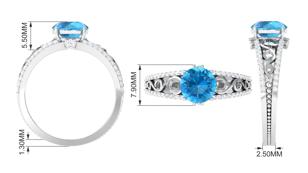 Designer Swiss Blue Topaz Solitaire Engagement Ring with Diamond Accents Swiss Blue Topaz - ( AAA ) - Quality - Rosec Jewels