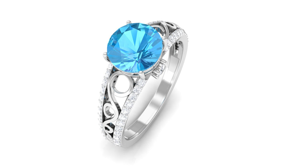 Designer Swiss Blue Topaz Solitaire Engagement Ring with Diamond Accents Swiss Blue Topaz - ( AAA ) - Quality - Rosec Jewels