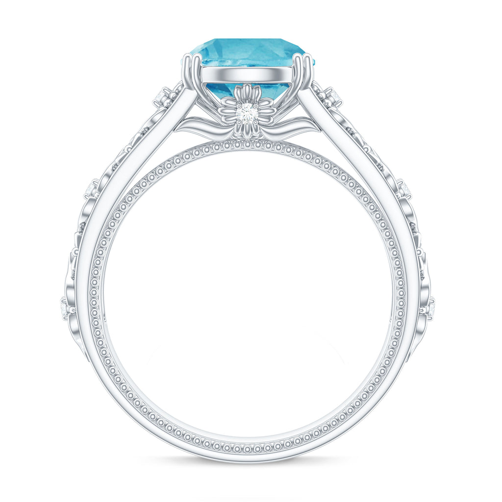 Solitaire Swiss Blue Topaz Flower Engagement Ring with Diamond Swiss Blue Topaz - ( AAA ) - Quality - Rosec Jewels