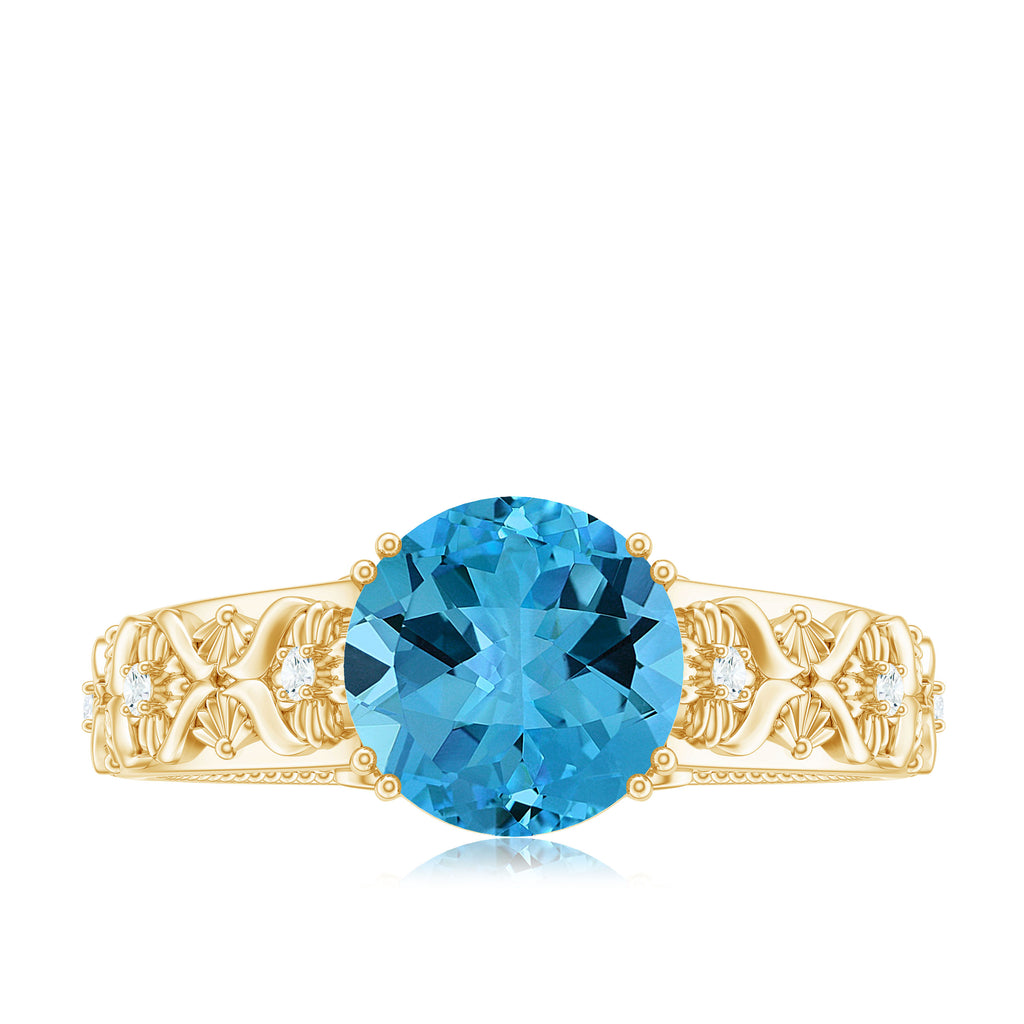 Solitaire Swiss Blue Topaz Flower Engagement Ring with Diamond Swiss Blue Topaz - ( AAA ) - Quality - Rosec Jewels