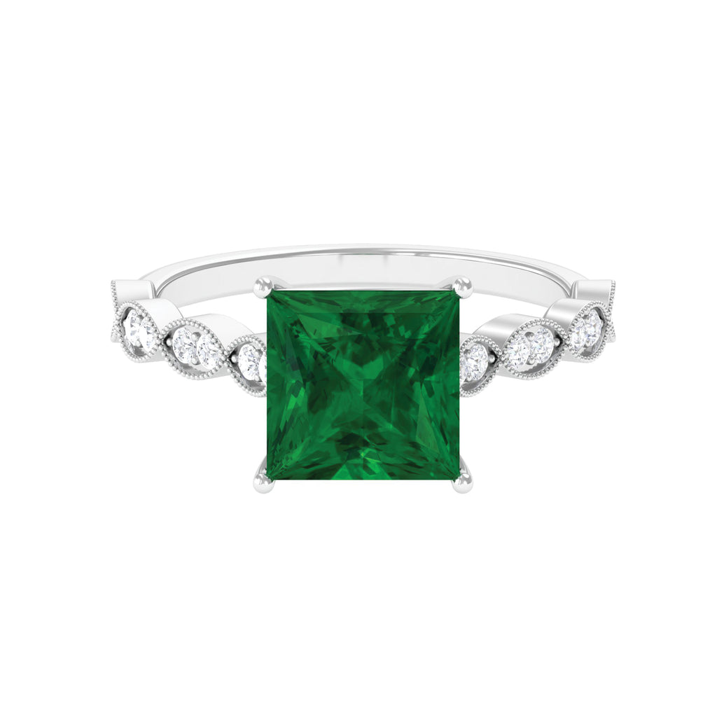 Princess Cut Created Emerald Solitaire Engagement Ring with Moissanite Lab Created Emerald - ( AAAA ) - Quality - Rosec Jewels