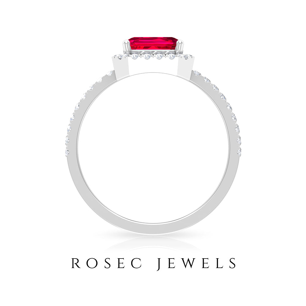 Emerald Cut Lab Grown Ruby Engagement Ring with Diamond Halo Lab Created Ruby - ( AAAA ) - Quality - Rosec Jewels