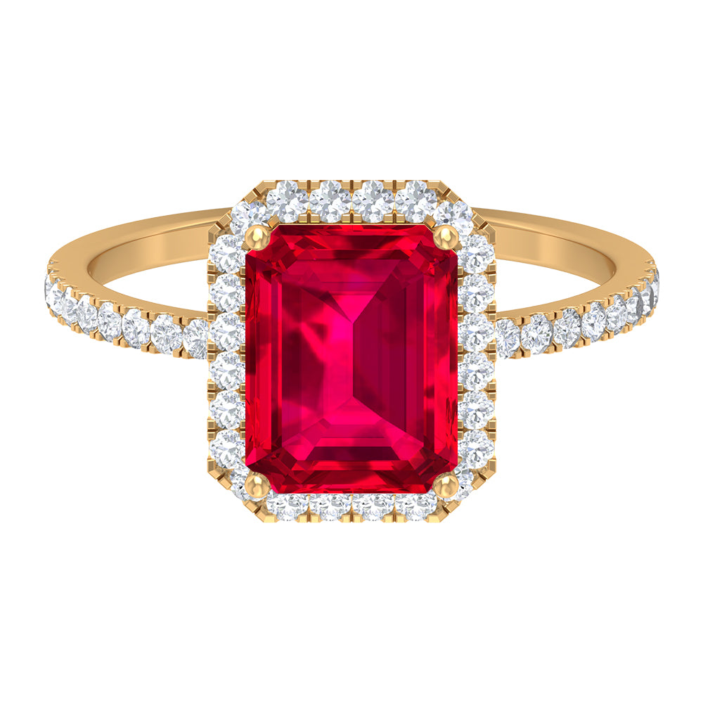 Emerald Cut Lab Grown Ruby Engagement Ring with Diamond Halo Lab Created Ruby - ( AAAA ) - Quality - Rosec Jewels