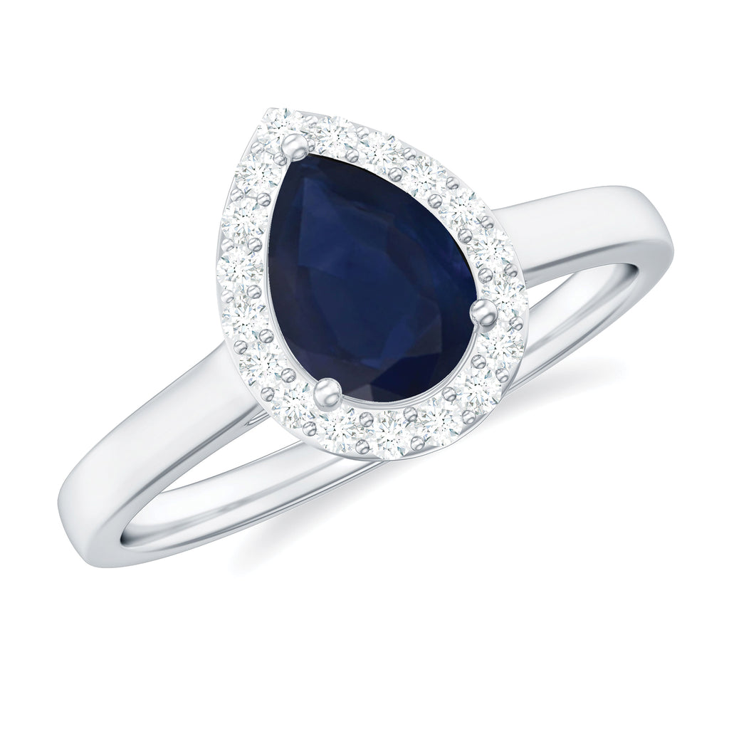 1 CT Pear Shaped Blue Sapphire and Diamond Halo Engagement Ring Blue Sapphire - ( AAA ) - Quality - Rosec Jewels