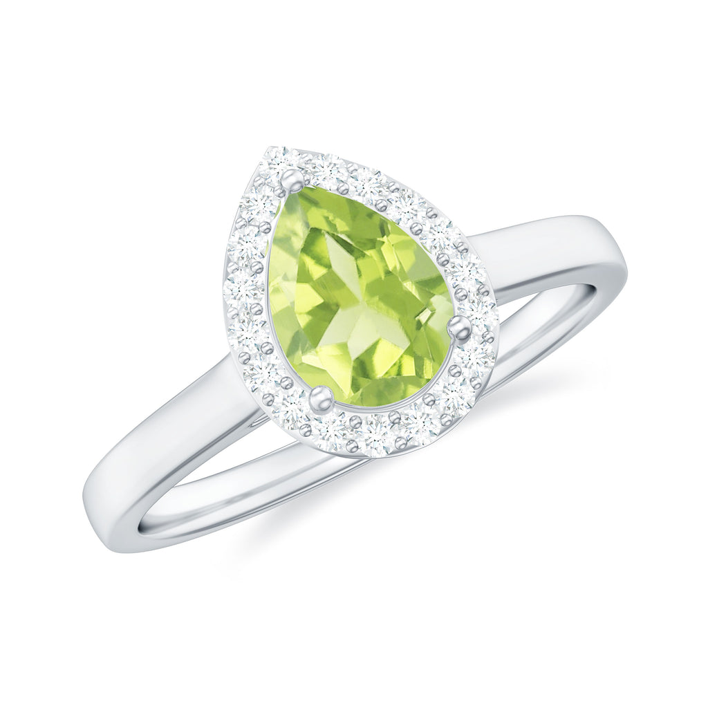 5X7 MM Pear Shaped Peridot Solitaire with Diamond Halo Ring Peridot - ( AAA ) - Quality - Rosec Jewels