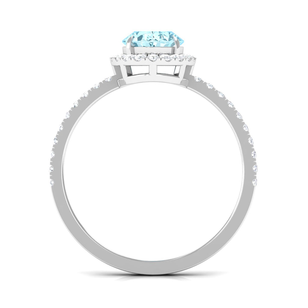 Moissanite Halo Engagement Ring with 6X8 MM Claw Set Aquamarine Solitaire