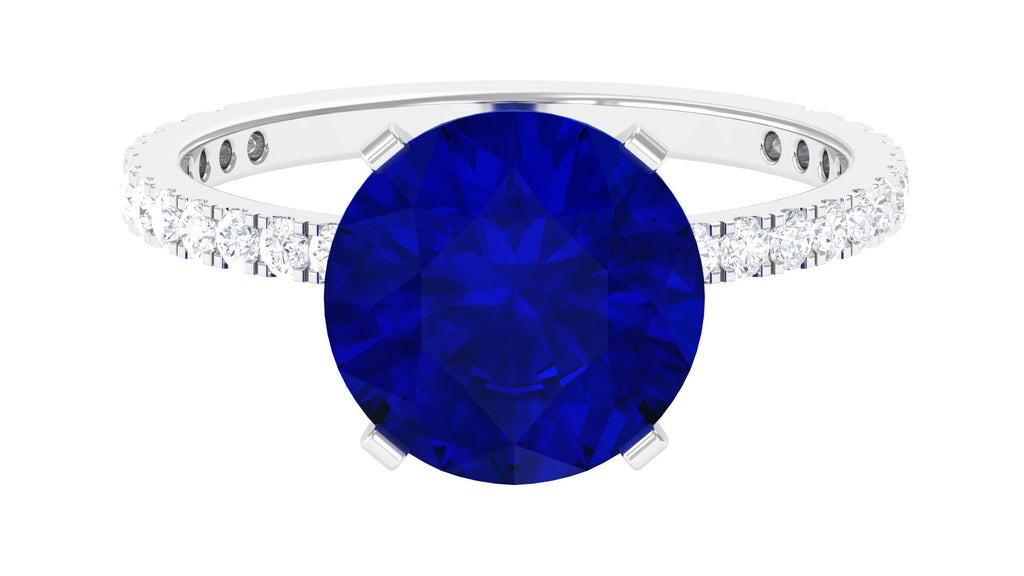 Created Blue Sapphire Solitaire Ring with Diamond Side Stones Lab Created Blue Sapphire - ( AAAA ) - Quality - Rosec Jewels