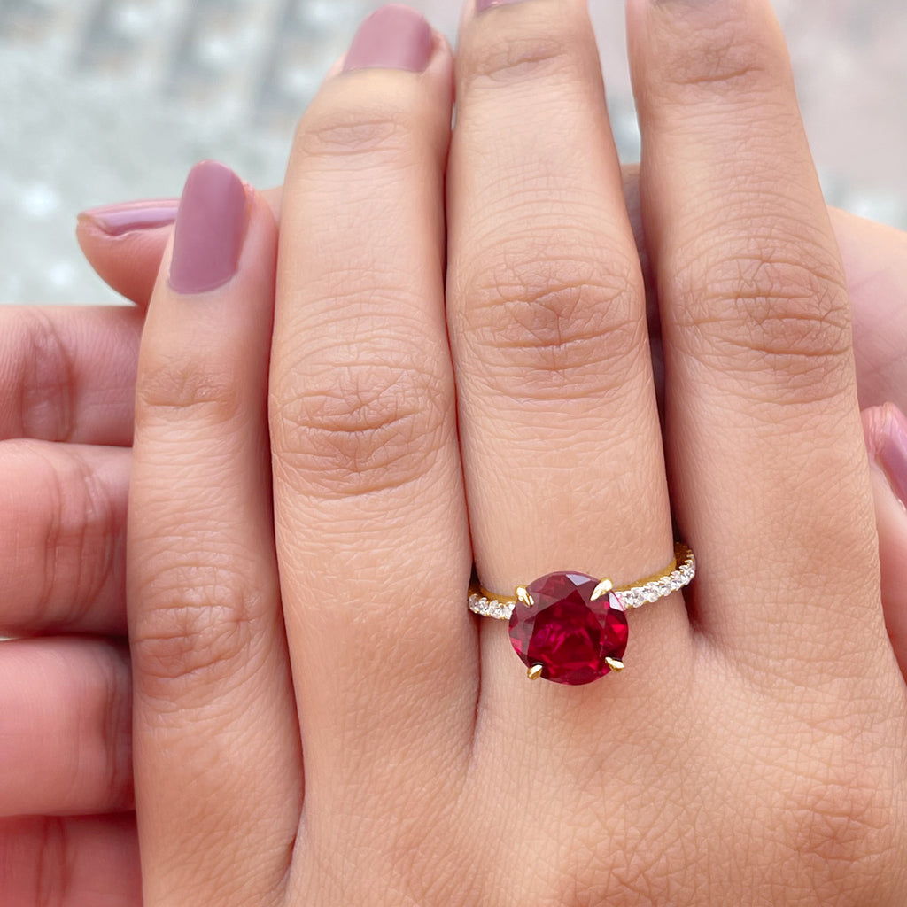 Certified Lab Grown Ruby Solitaire Engagement Ring with Diamond Side Stones Lab Created Ruby - ( AAAA ) - Quality - Rosec Jewels