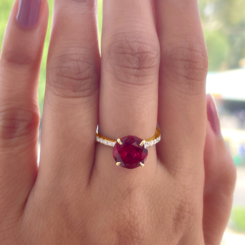 Certified Lab Grown Ruby Solitaire Engagement Ring with Diamond Side Stones Lab Created Ruby - ( AAAA ) - Quality - Rosec Jewels