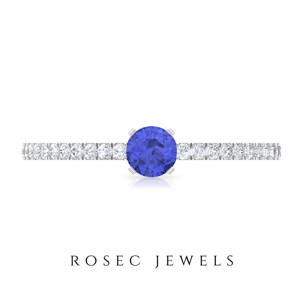 Rosec Jewels-Tanzanite Dainty Solitaire Ring with French Pave Set Diamond