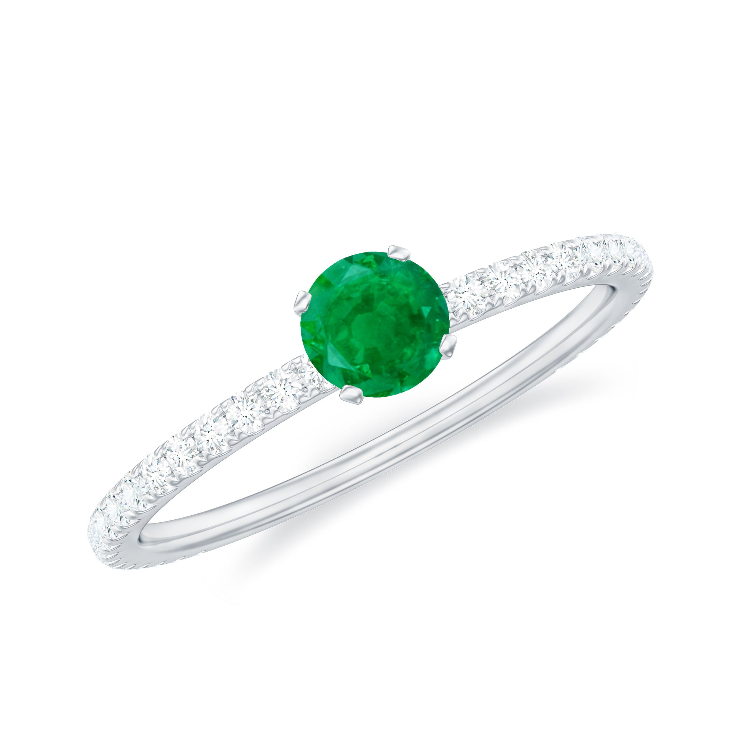 4 MM Emerald Dainty Solitaire Ring with French Pave Set Diamond Emerald - ( AAA ) - Quality - Rosec Jewels