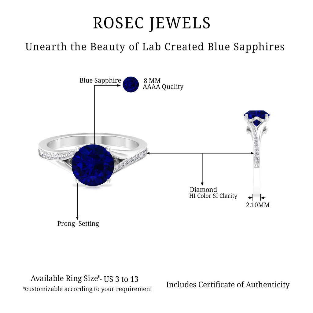 2.25 CT Lab Created Blue Sapphire Solitaire Ring with Diamond Side Stones Lab Created Blue Sapphire - ( AAAA ) - Quality - Rosec Jewels