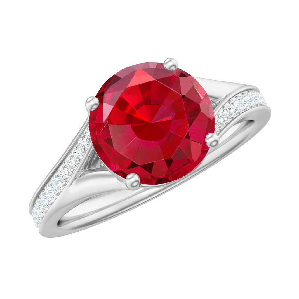 2.75 CT Round Created Ruby Solitaire Ring with Diamond in Split Shank Lab Created Ruby - ( AAAA ) - Quality - Rosec Jewels