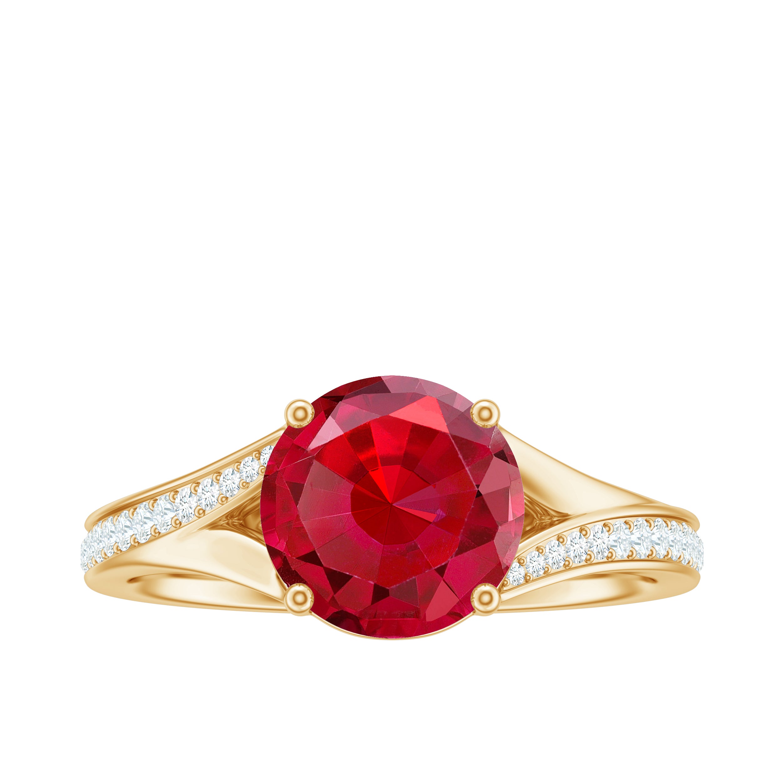 2.75 CT Round Created Ruby Solitaire Ring with Diamond in Split Shank Lab Created Ruby - ( AAAA ) - Quality - Rosec Jewels