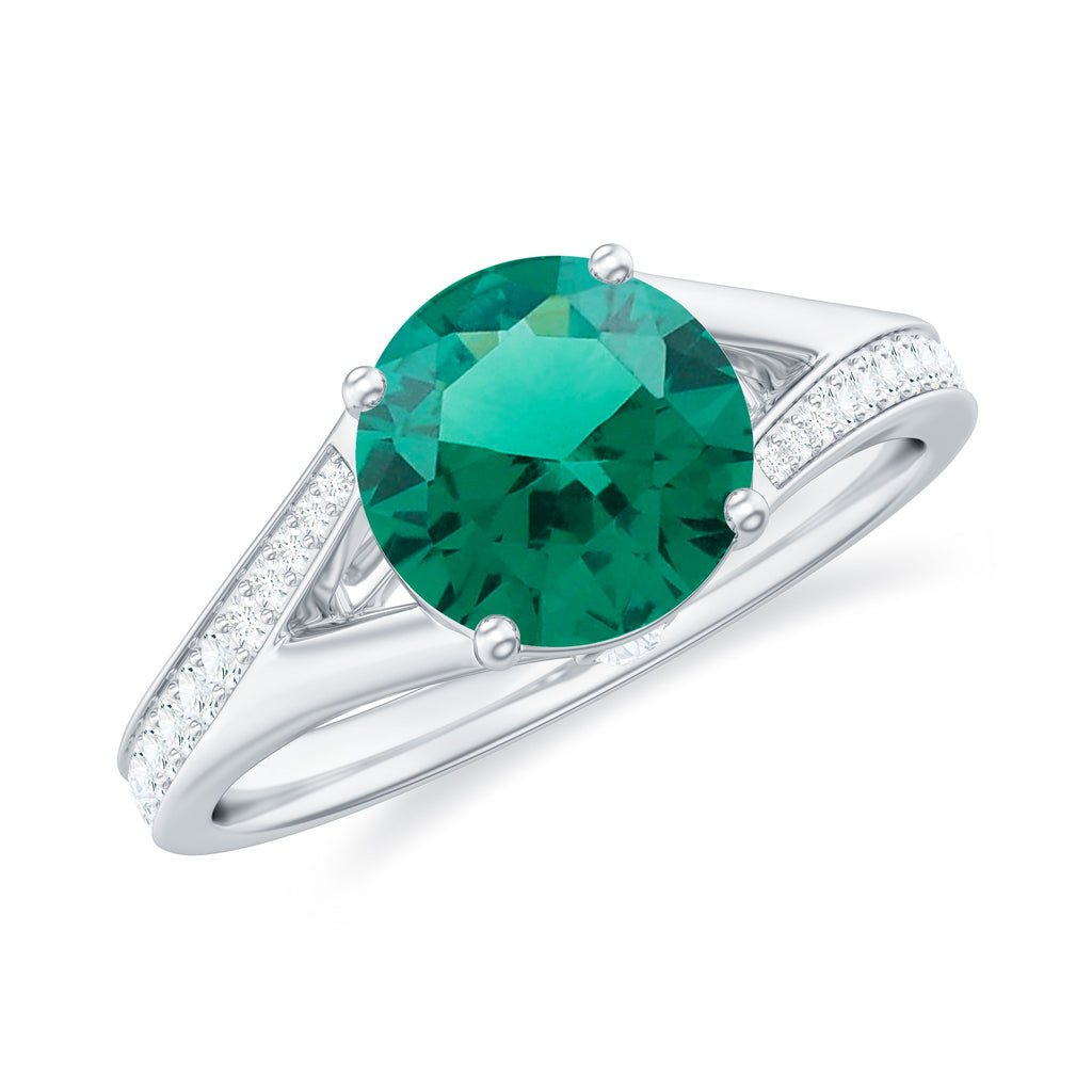 8 MM Created Emerald Solitaire Split Shank Ring with Diamond Lab Created Emerald - ( AAAA ) - Quality - Rosec Jewels