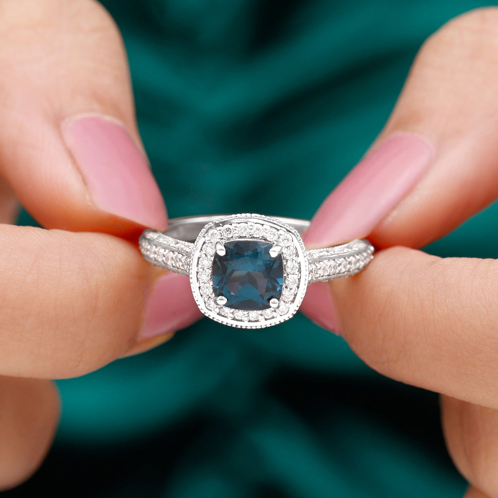 Vintage Cushion Cut London Blue Topaz Halo Engagement Ring with Diamond London Blue Topaz - ( AAA ) - Quality - Rosec Jewels