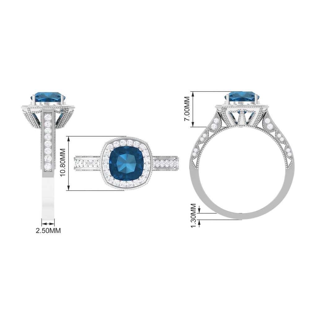 Vintage Cushion Cut London Blue Topaz Halo Engagement Ring with Diamond London Blue Topaz - ( AAA ) - Quality - Rosec Jewels