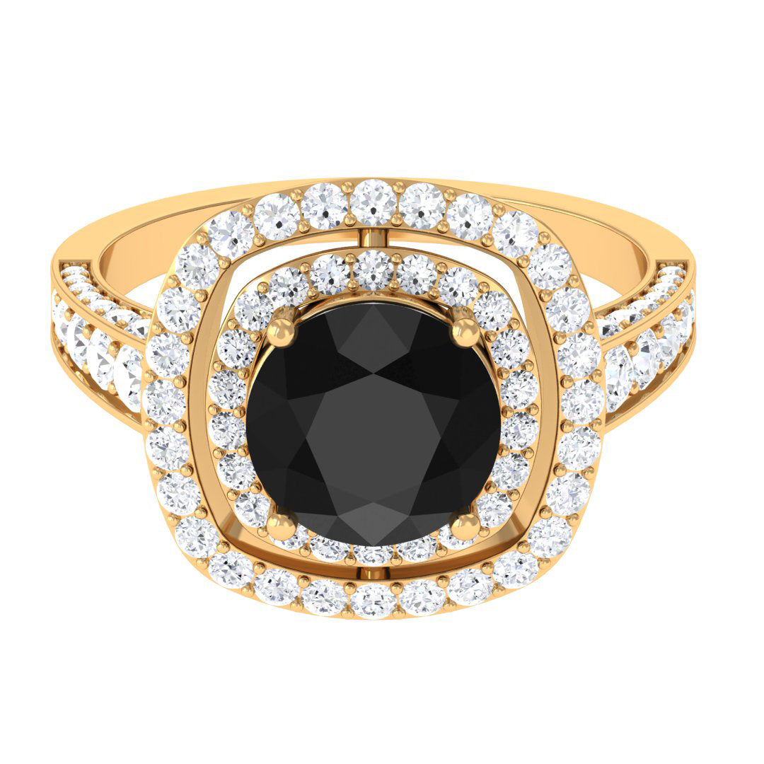 Real Black Onyx Double Halo Engagement Ring with Moissanite Black Onyx - ( AAA ) - Quality - Rosec Jewels
