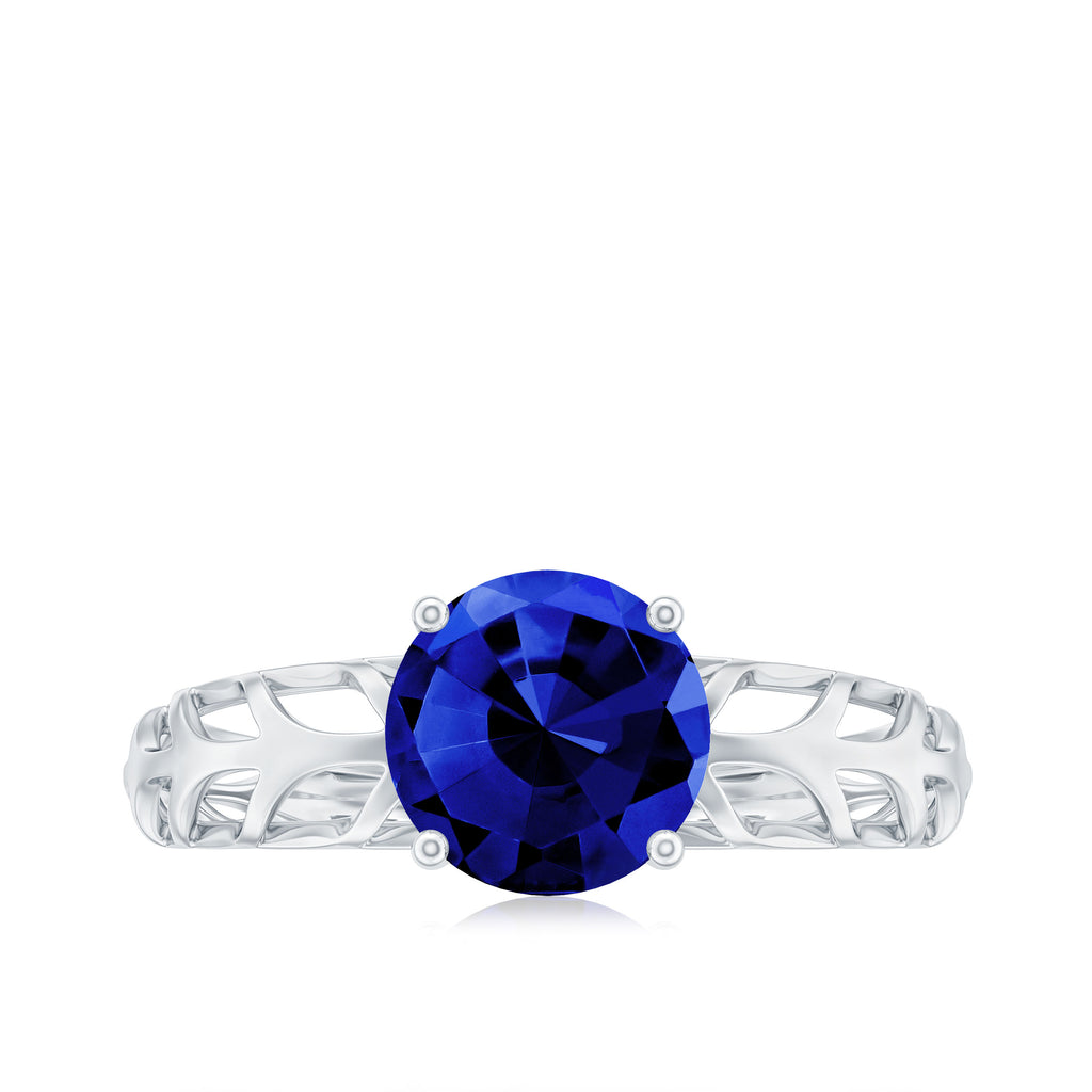 Modern Solitaire Ring with Created Blue Sapphire Lab Created Blue Sapphire - ( AAAA ) - Quality - Rosec Jewels