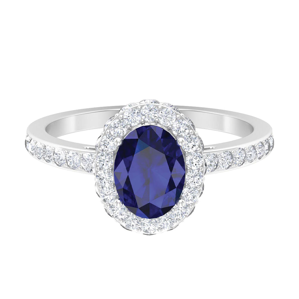 3 CT Created Blue Sapphire Engagement Ring with Diamond Classic Halo Lab Created Blue Sapphire - ( AAAA ) - Quality - Rosec Jewels