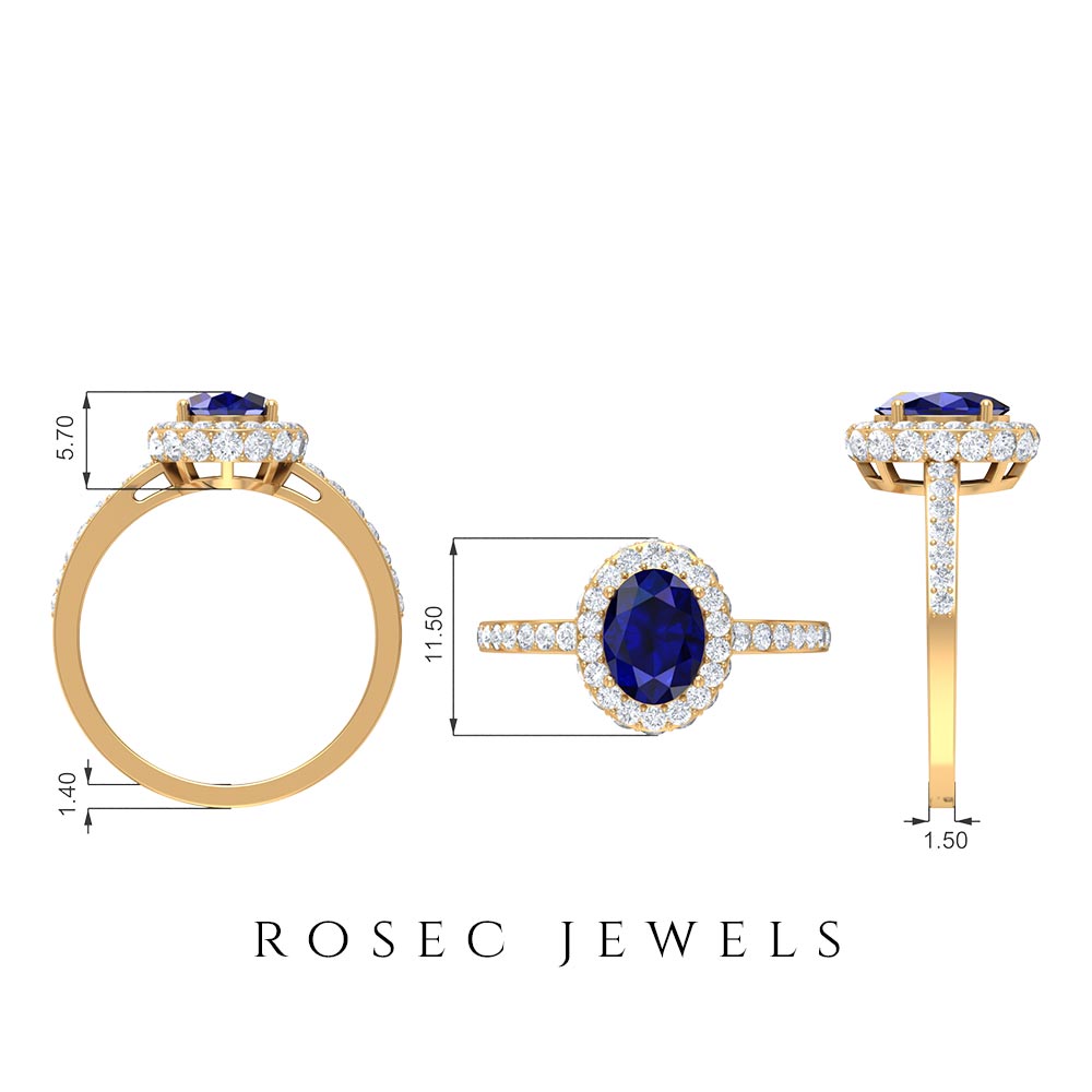 3 CT Created Blue Sapphire Engagement Ring with Diamond Classic Halo Lab Created Blue Sapphire - ( AAAA ) - Quality - Rosec Jewels