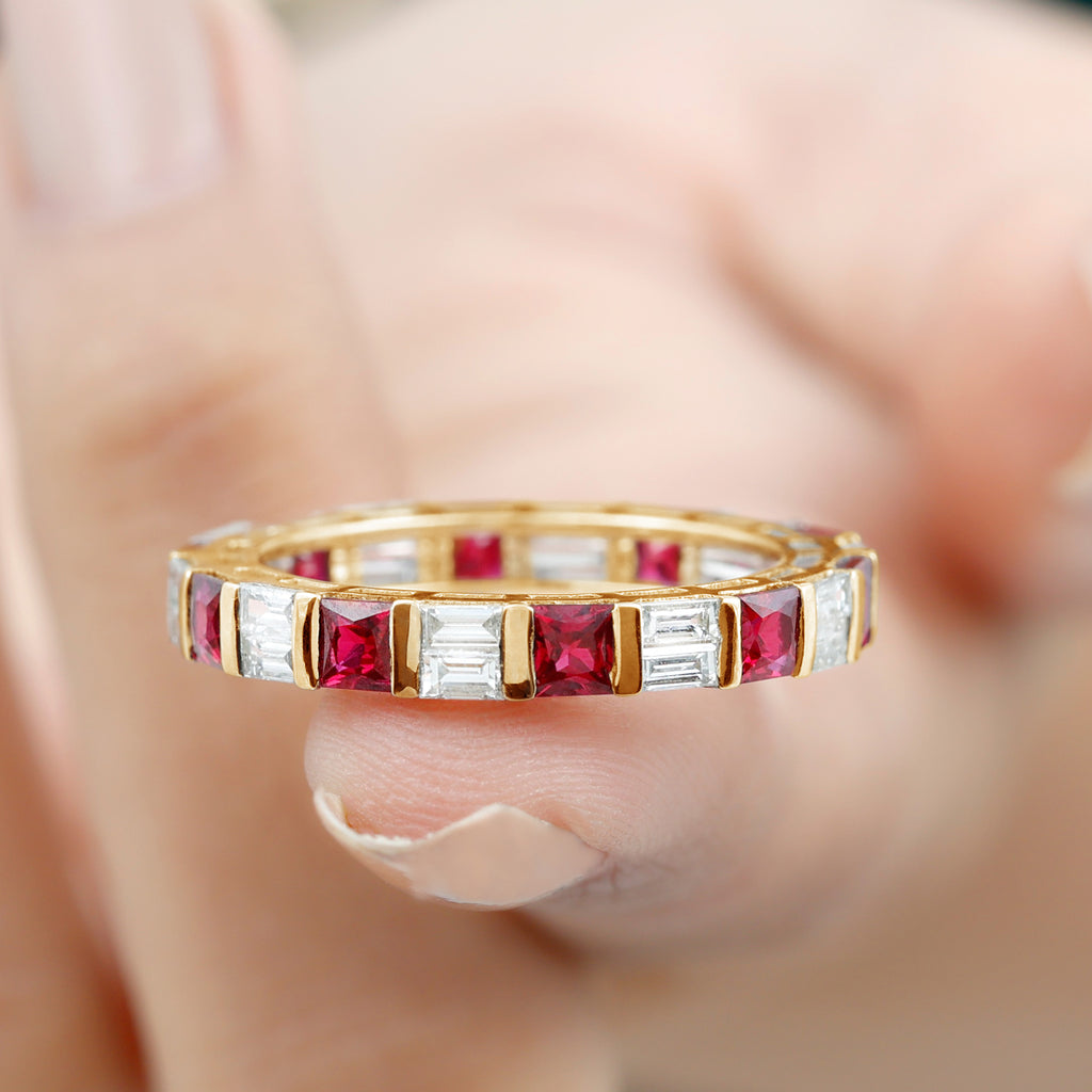 3.5 CT Princess Created Ruby and Zircon Alternate Full Eternity Ring Lab Created Ruby - ( AAAA ) - Quality - Rosec Jewels