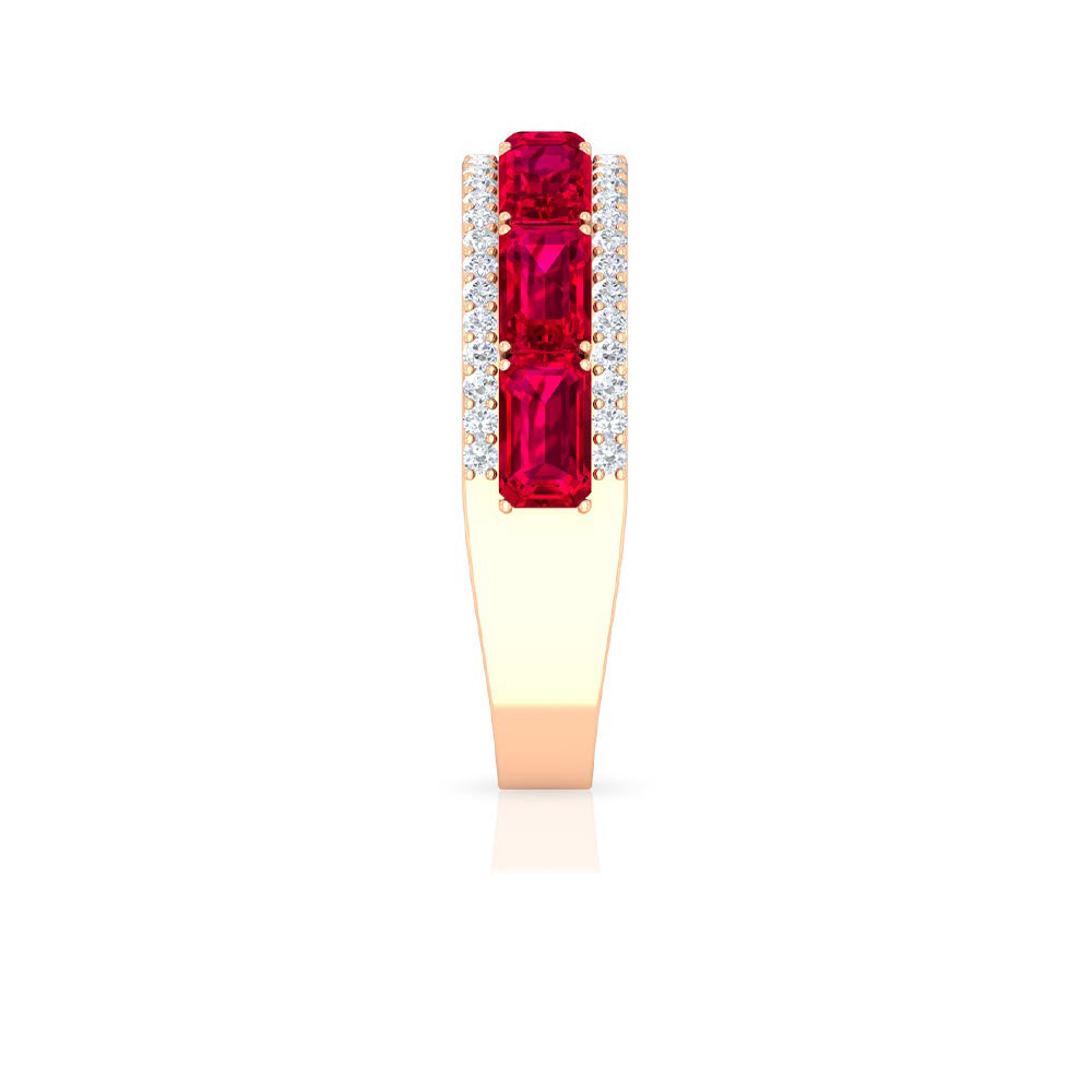 Emerald Cut Created Ruby and Diamond Half Eternity Band Lab Created Ruby - ( AAAA ) - Quality - Rosec Jewels