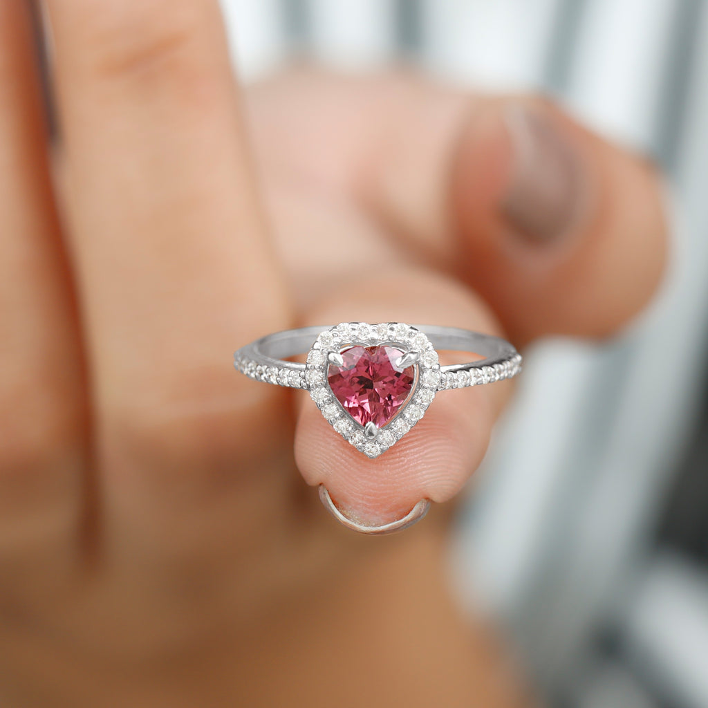 1.50 CT Heart Shape Pink Tourmaline Engagement Ring with Diamond Accent Pink Tourmaline - ( AAA ) - Quality - Rosec Jewels