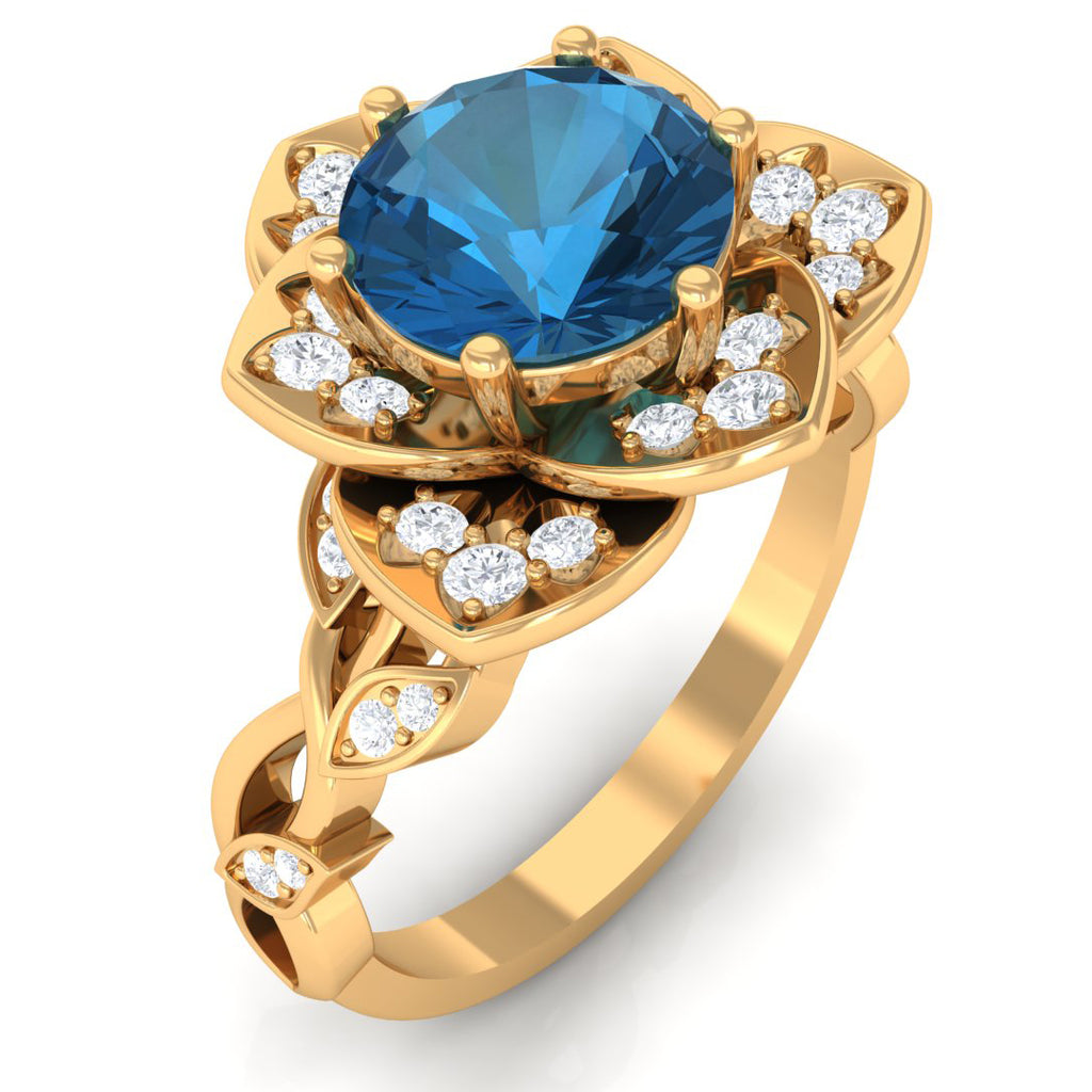 1.75 CT London Blue Topaz Floral Engagement Ring with Diamond Accent London Blue Topaz - ( AAA ) - Quality - Rosec Jewels