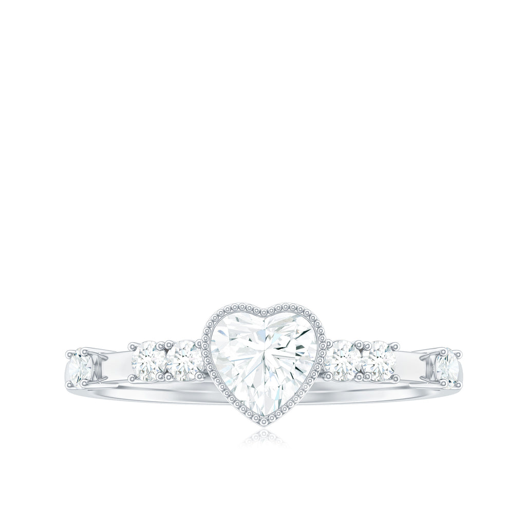 Heart Shape Moissanite Solitaire Engagement Ring in Beaded Bezel Setting Moissanite - ( D-VS1 ) - Color and Clarity - Rosec Jewels