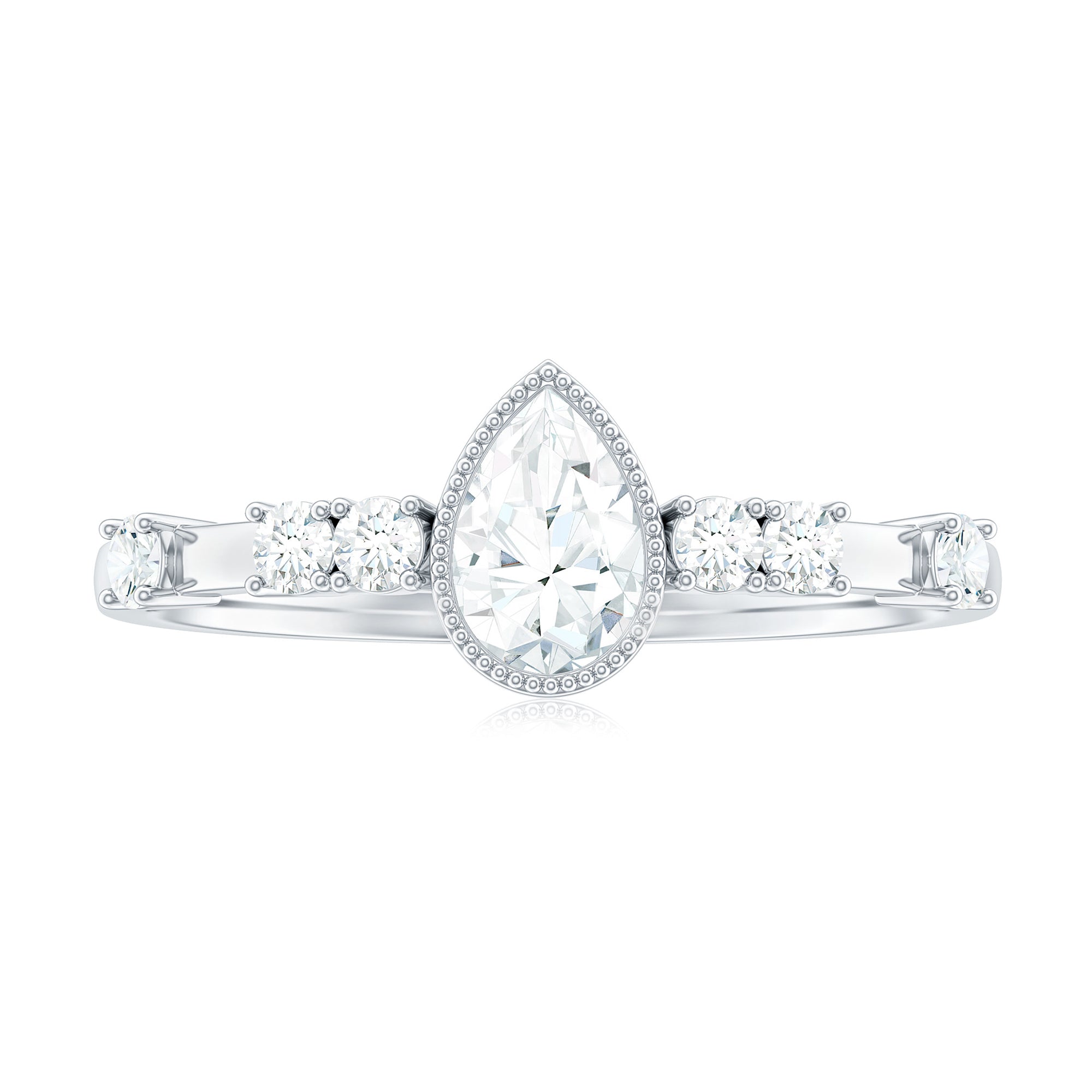 Pear Shaped Moissanite Solitaire Engagement Ring in Beaded Bezel Setting Moissanite - ( D-VS1 ) - Color and Clarity - Rosec Jewels