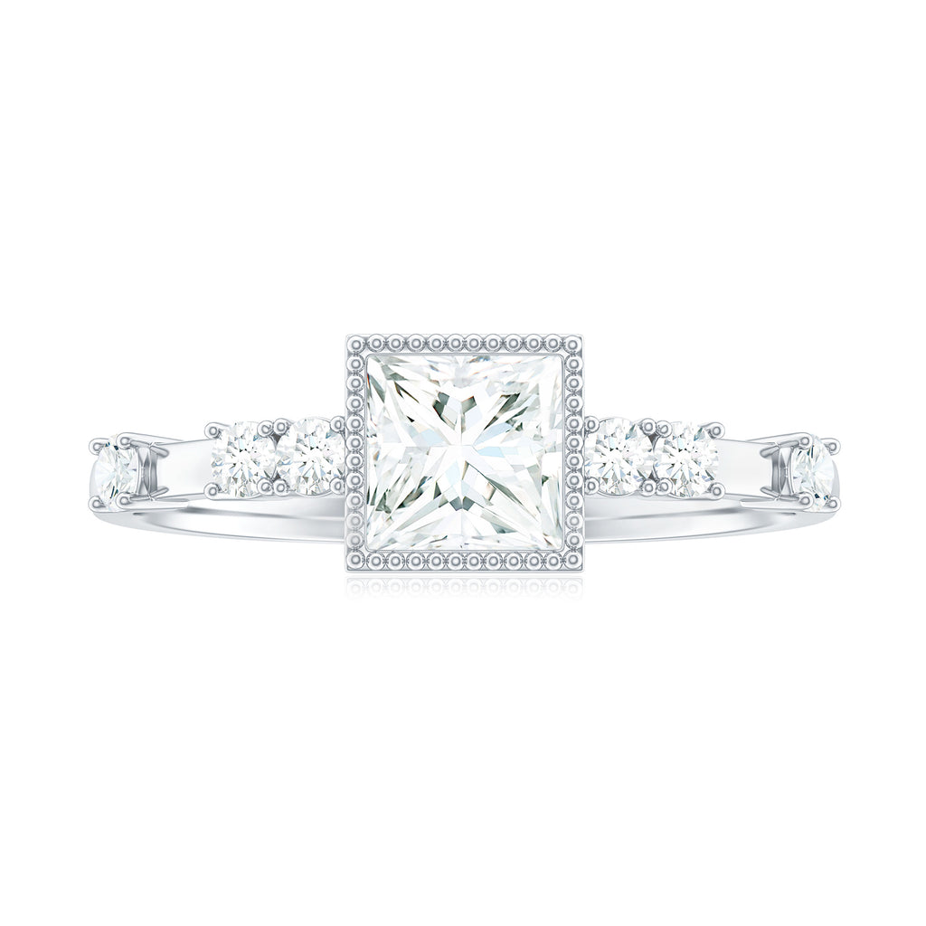 Princess Cut Moissanite Solitaire Engagement Ring in Beaded Bezel Setting Moissanite - ( D-VS1 ) - Color and Clarity - Rosec Jewels