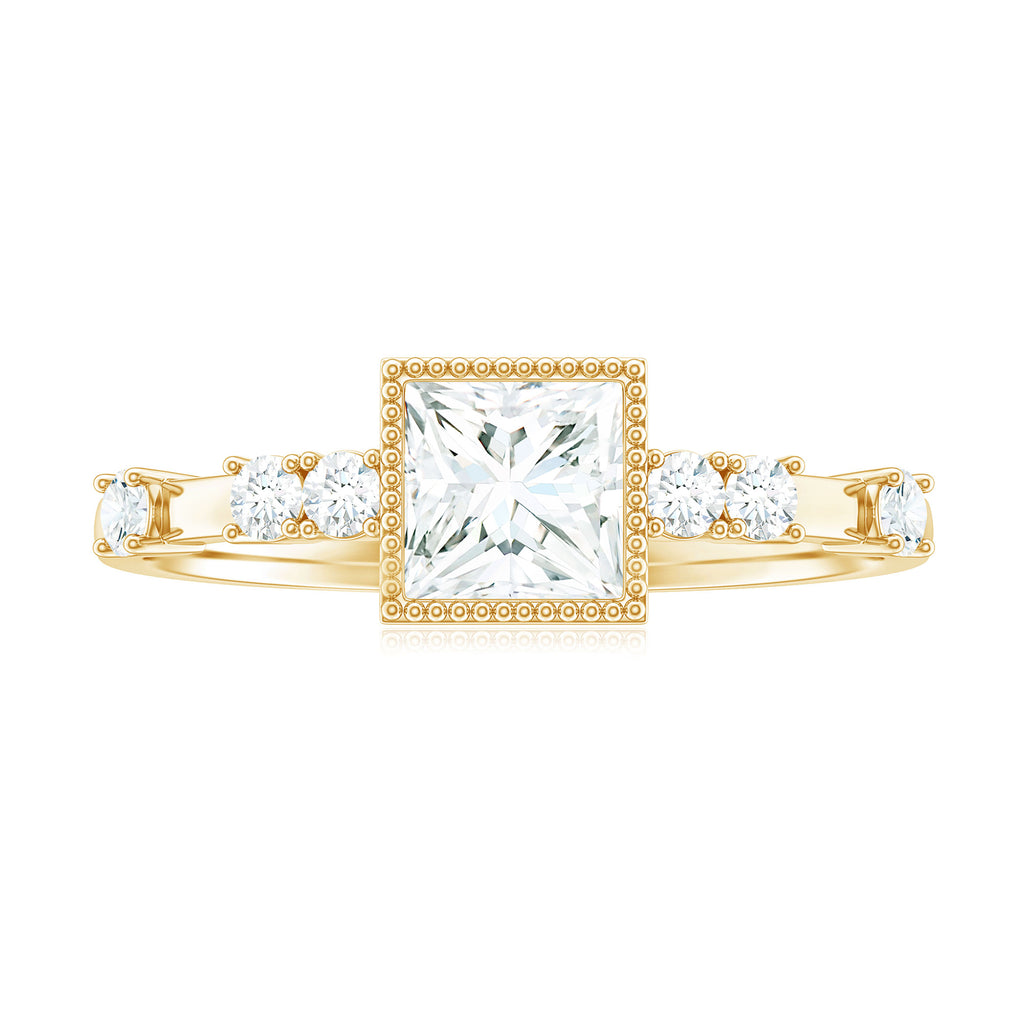 Princess Cut Moissanite Solitaire Engagement Ring in Beaded Bezel Setting Moissanite - ( D-VS1 ) - Color and Clarity - Rosec Jewels