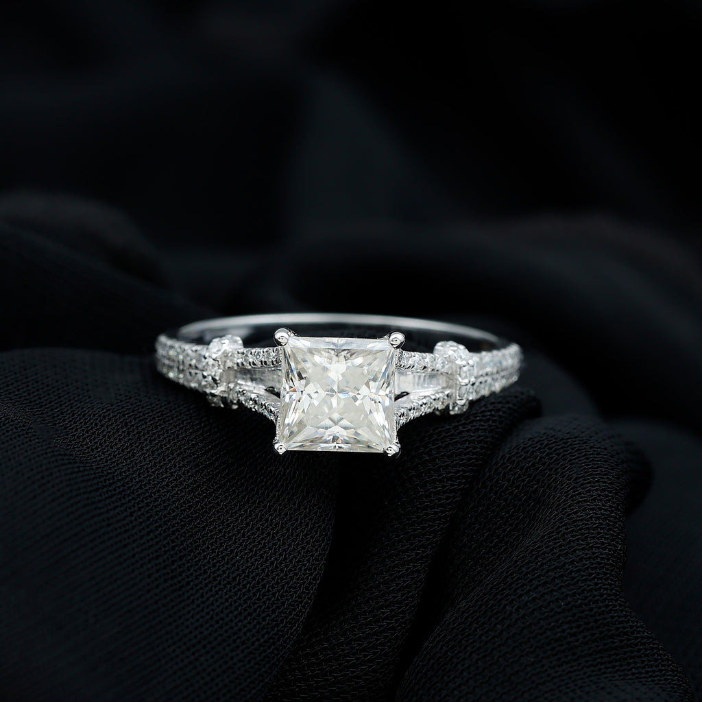 Princess Cut Moissanite Solitaire Engagement Ring in Split Shank Moissanite - ( D-VS1 ) - Color and Clarity - Rosec Jewels