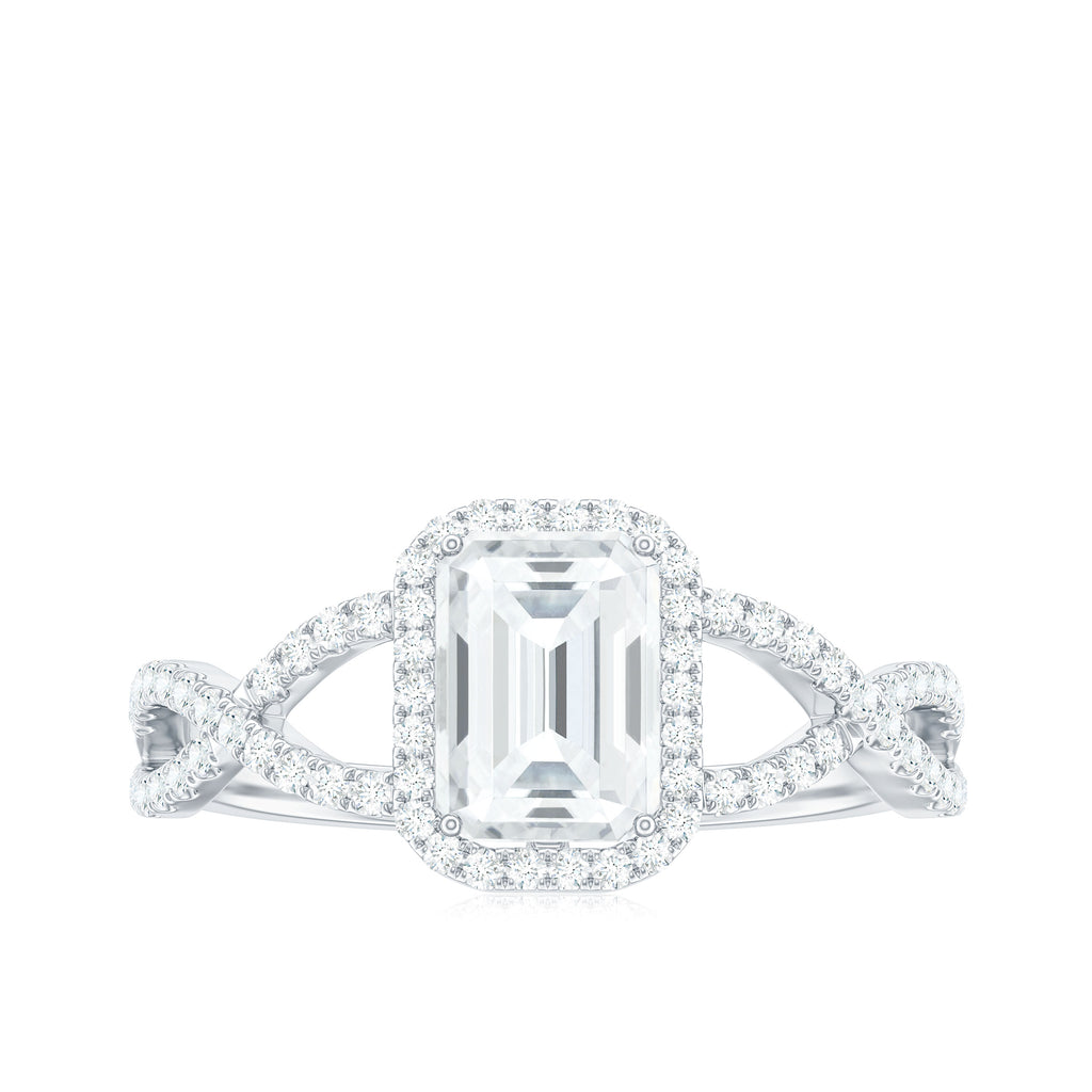Emerald Cut Moissanite Crossover Engagement Ring in Gold Moissanite - ( D-VS1 ) - Color and Clarity - Rosec Jewels