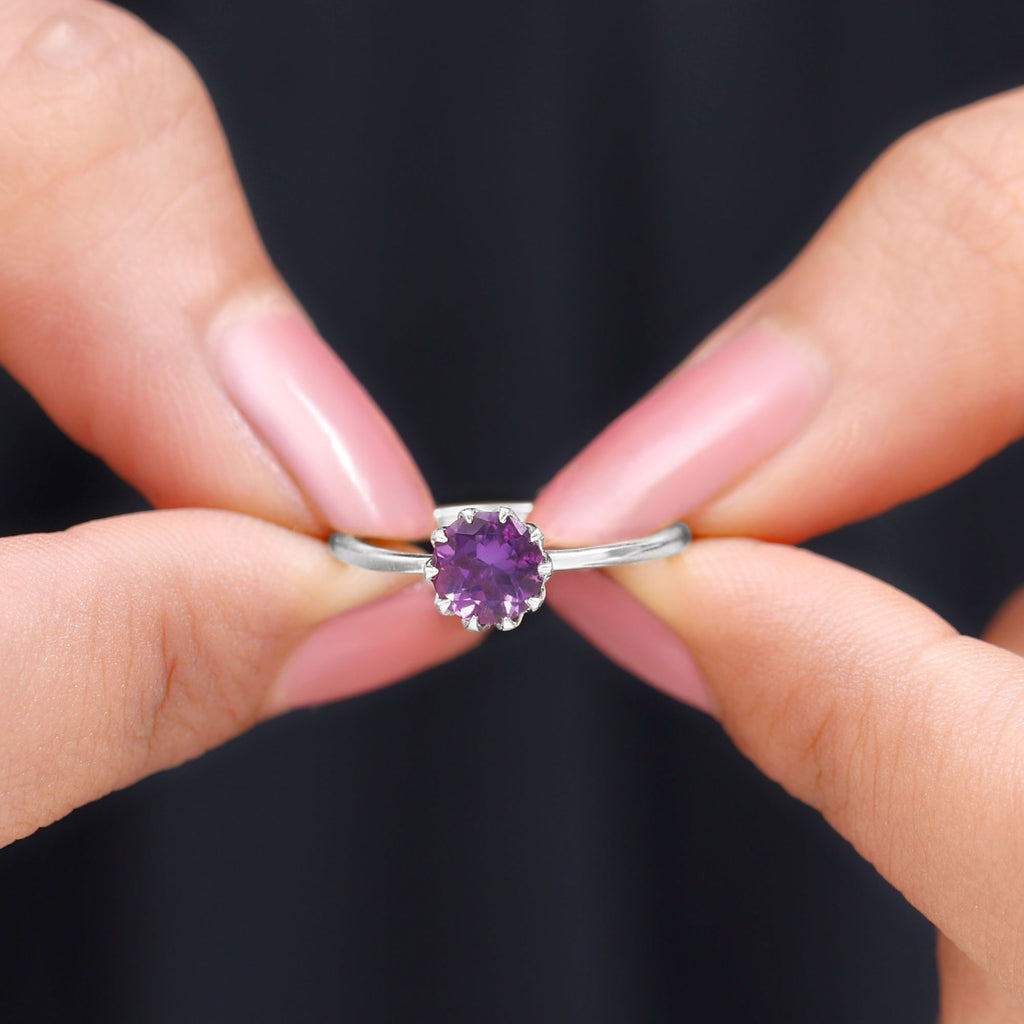 Real Amethyst Solitaire Ring in Lotus Basket Setting Amethyst - ( AAA ) - Quality - Rosec Jewels