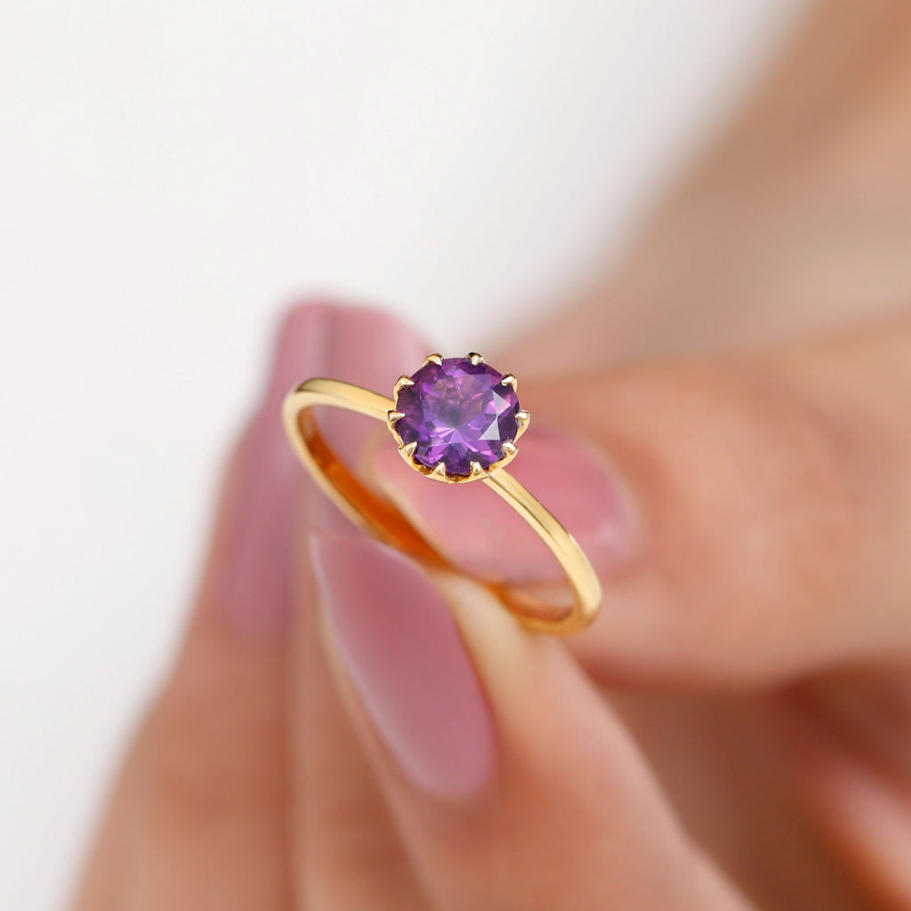 Real Amethyst Solitaire Ring in Lotus Basket Setting Amethyst - ( AAA ) - Quality - Rosec Jewels