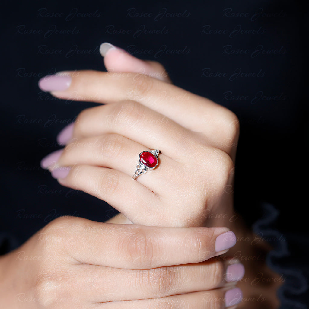 Oval Shape Lab Grown Ruby Solitaire Celtic Knot Ring Lab Created Ruby - ( AAAA ) - Quality - Rosec Jewels