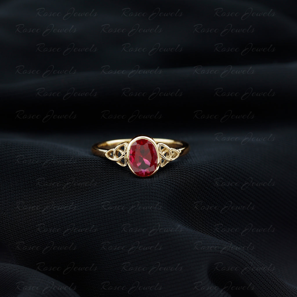 Oval Shape Lab Grown Ruby Solitaire Celtic Knot Ring Lab Created Ruby - ( AAAA ) - Quality - Rosec Jewels
