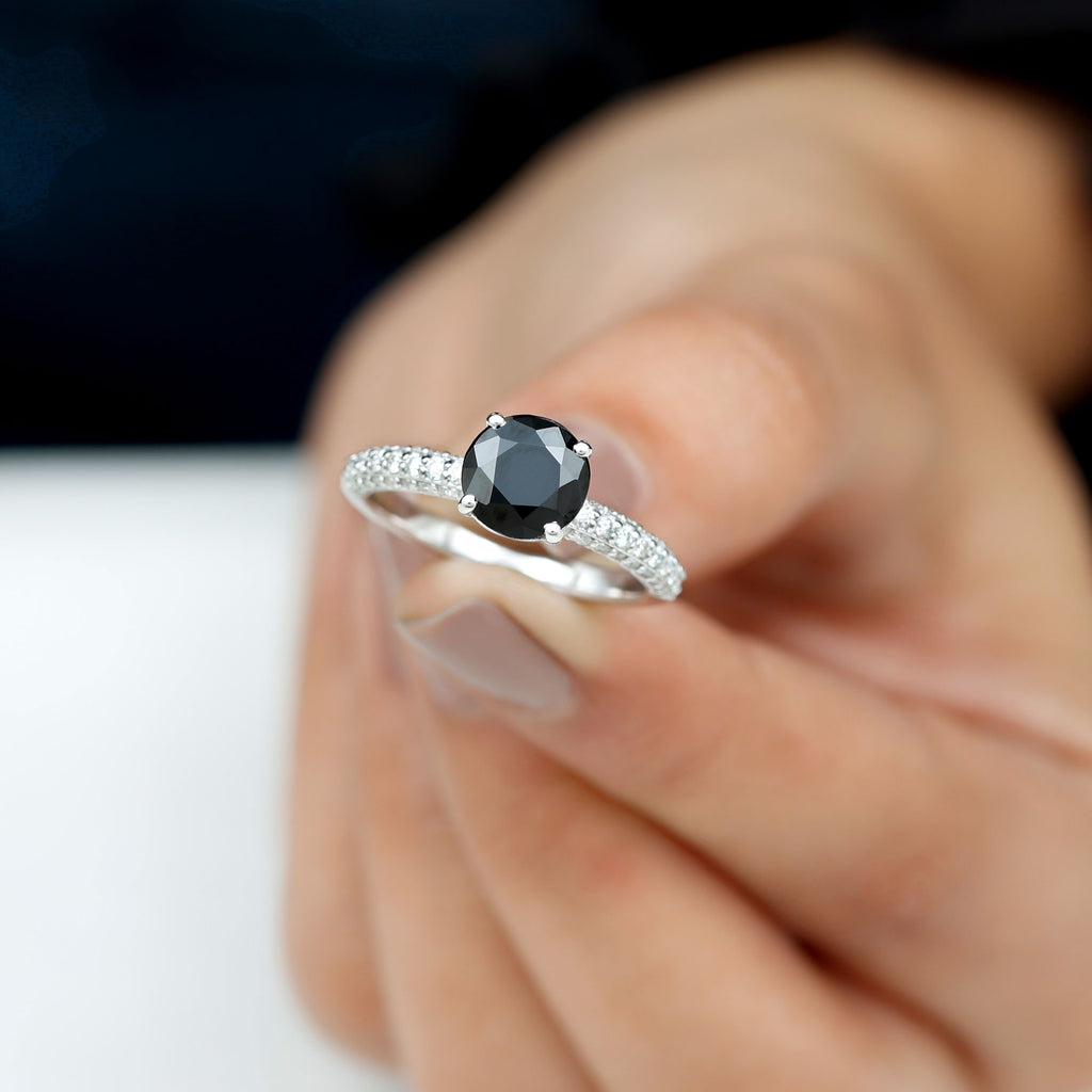 8 MM Black Onyx Solitaire Ring with Moissanite Side Stones Black Onyx - ( AAA ) - Quality - Rosec Jewels