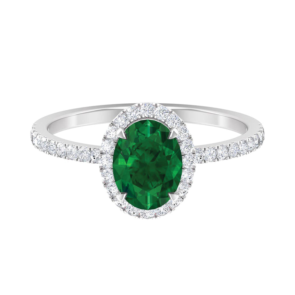 Oval Created Emerald Halo Engagement Ring with Diamond Lab Created Emerald - ( AAAA ) - Quality - Rosec Jewels