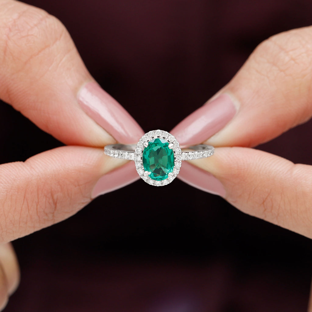 Oval Created Emerald Halo Engagement Ring with Diamond Lab Created Emerald - ( AAAA ) - Quality - Rosec Jewels