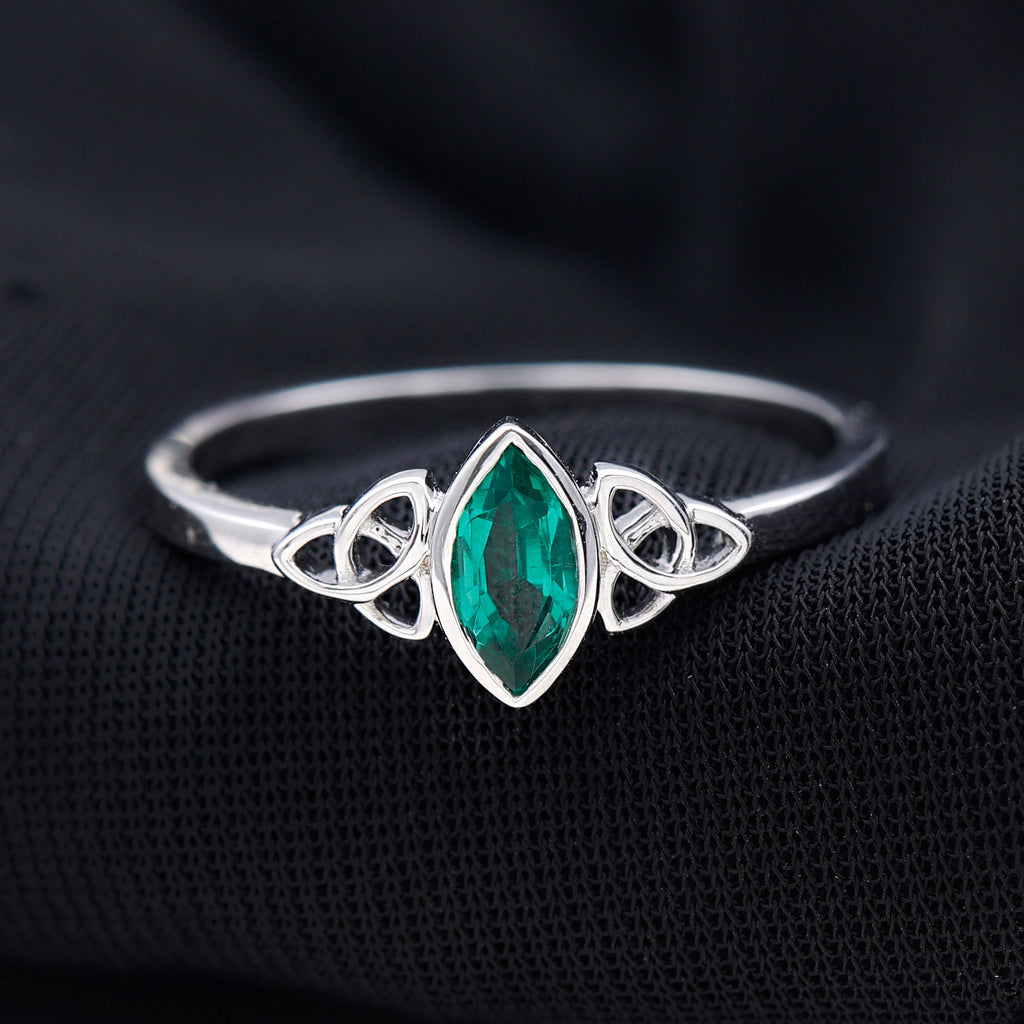 Marquise Lab Grown Emerald Solitaire Celtic Knot Ring Lab Created Emerald - ( AAAA ) - Quality - Rosec Jewels
