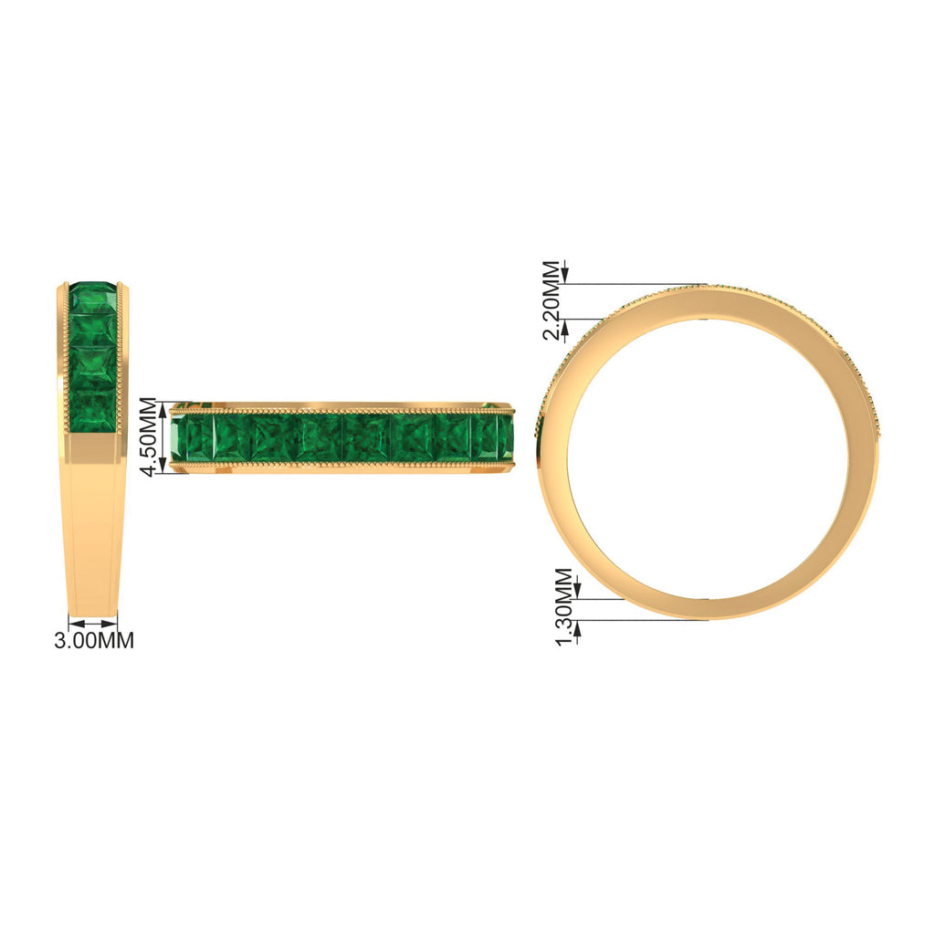Channel Set Created Emerald Semi Eternity Band Ring with Milgrain Gold Lab Created Emerald - ( AAAA ) - Quality - Rosec Jewels