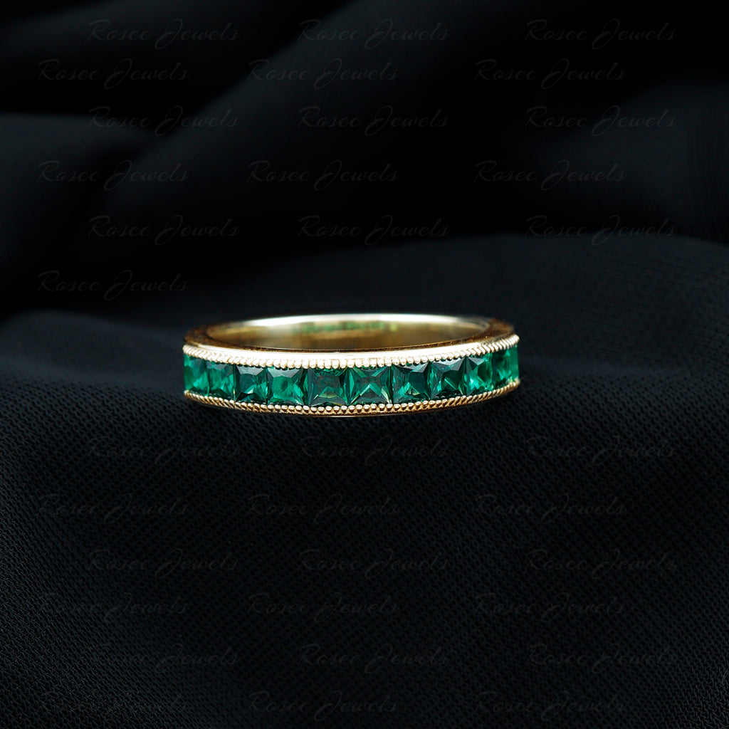 Channel Set Created Emerald Semi Eternity Band Ring with Milgrain Gold Lab Created Emerald - ( AAAA ) - Quality - Rosec Jewels