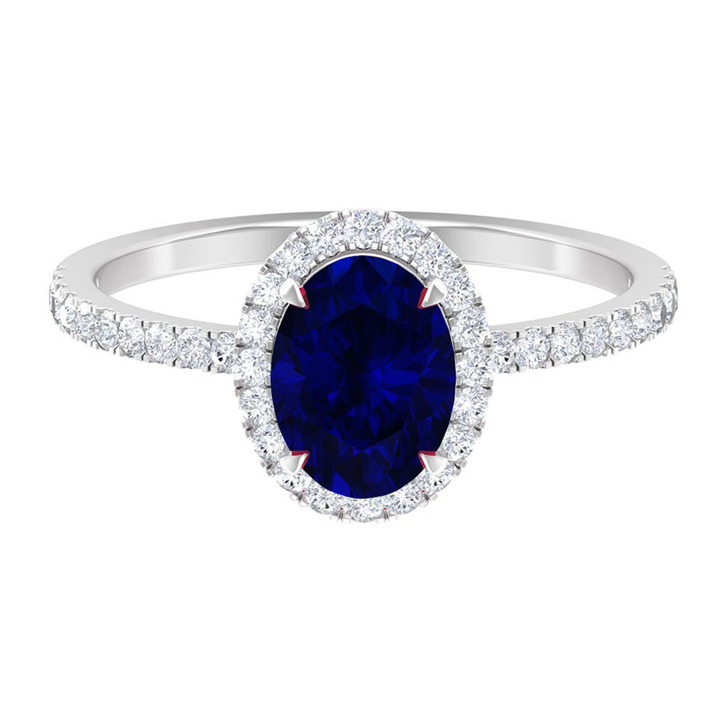 2 CT Oval Cut Lab Created Blue Sapphire Ring with Diamond Halo and Side Stones Lab Created Blue Sapphire - ( AAAA ) - Quality - Rosec Jewels