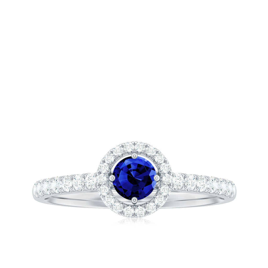 3/4 CT Created Blue Sapphire Engagement Ring with Diamond Lab Created Blue Sapphire - ( AAAA ) - Quality - Rosec Jewels
